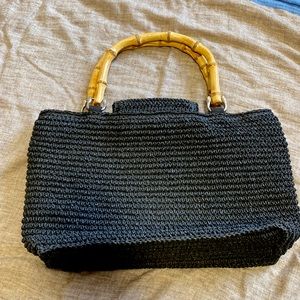 Talbots Black Straw Bag With Bamboo Handles